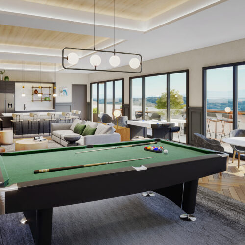 A pool table with a beautiful scenic view of Alexan Main Street's sixth floor sky lounge
